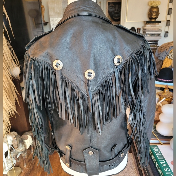Veducci Vintage Edgy Black Leather Fringe Western Jacket - Picture 4 of 7